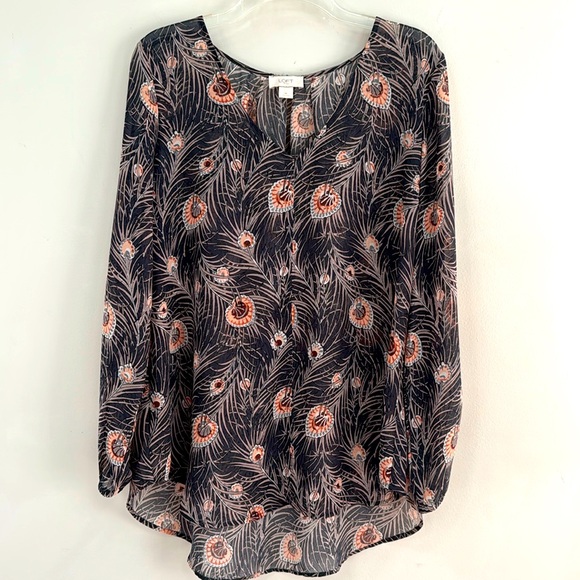 LOFT Tops - LOFT Outlet Women's Long Sleeve V-Neck Dk. Gray Sheer Floral Blouse- Size M